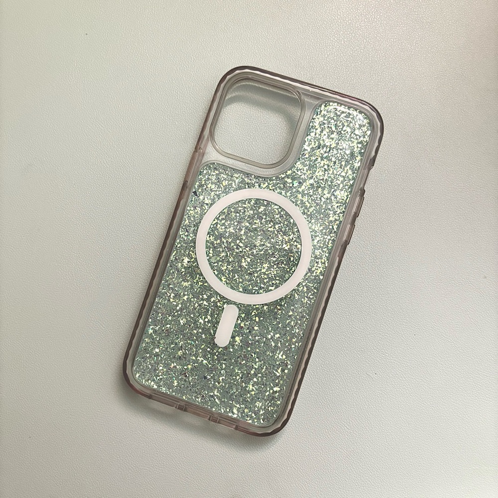 Apple iPhone 15 Pro Max Sage Green Glitter Phone Case with MagSafe Compatibility